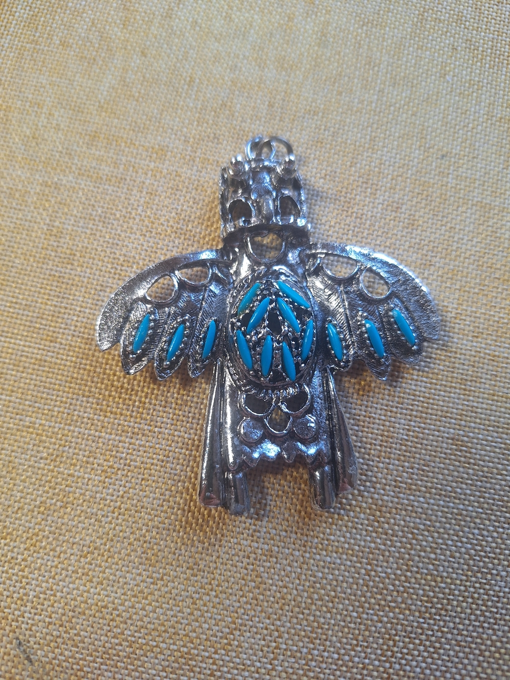 Navajo Made Thunderbird Pendant With Faux Turquoise Inlay